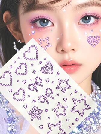 Five-Pointed Star Face Rhinestone Decoration, Blue, Pink And Purple Multi-Color Face Decoration Stickers, Five-Pointed Bow Cut Self-Adhesive Decoration Stickers, Bow Stickers, Star-Shaped Face Rhinestone Decoration Stickers, Heart And Round Sticky Face Decoration Stickers, Shiny Face Stickers