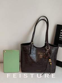 Tas Bahu Kapasitas Besar untuk Perjalanan Sehari-hari, Tas Tote Motif Buaya Retro, Penutup Magnetik, Dengan Liontin, Cocok untuk Jalan-jalan Sehari-hari, Kencan, dan Perjalanan. - Kopi - View 4