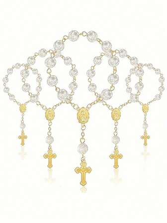 5件套金色玫瑰珠手链套装，迷你念珠，仿珍珠，十字架玫瑰祈祷珠手链套装 - 复古风格，树脂材质，适合日常礼物、洗礼、小型婚礼回礼、情人节装饰、情人节礼物