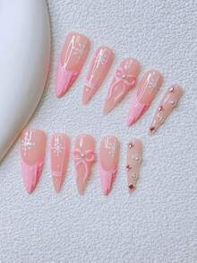 10片装Y2K风格尖头美甲贴片套装 - 手工制作，粉色美甲，粉色法式美甲，手工3D蝴蝶结，3D粉色蝴蝶结美甲，手绘雪花条纹设计，闪亮水钻点缀，精致可爱美甲 - 彩色 - 查看 1