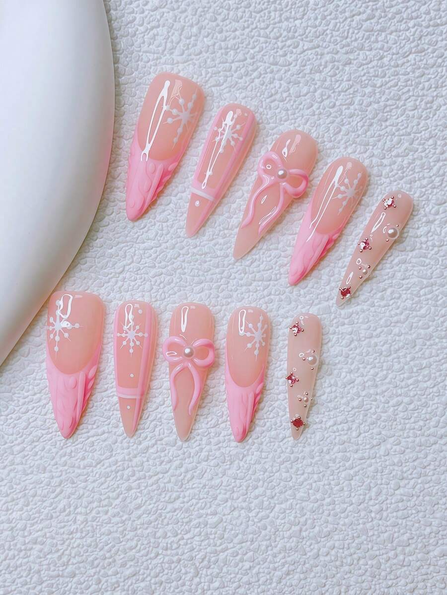 10片装Y2K风格尖头美甲贴片套装 - 手工制作，粉色美甲，粉色法式美甲，手工3D蝴蝶结，3D粉色蝴蝶结美甲，手绘雪花条纹设计，闪亮水钻点缀，精致可爱美甲 - 彩色 - 查看 1