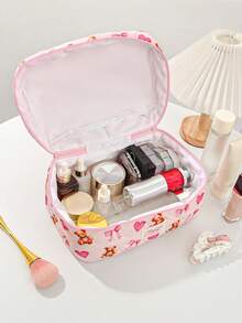 1 Piece Large Capacity Make Up Bag Cute Bow Print Cosmetics Storage Bag Foam Quilted Makeup Clutch Pouch Handheld Travel Toiletry Bag Multi-Functional Items Storage Bag Set Heart-Shaped Pattern Lipstick Pouch Pink Home Items Storage Bag - Pink - View 10