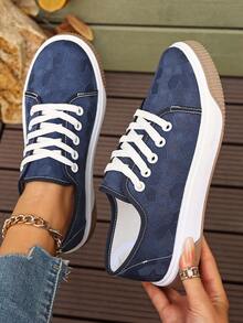 女士休闲户外帆布鞋，简约复古时尚休闲运动鞋，轻便舒适多功能日常通勤平底鞋 - 藏蓝色 - 查看 4