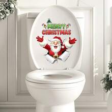 1pc Christmas Snowman & Tree Toilet Sticker, Funny Bathroom Decor, Suitable For Room, Living Room, Wall, Kitchen, Bedroom, Christmas Wall Sticker - Red and White - View 1
