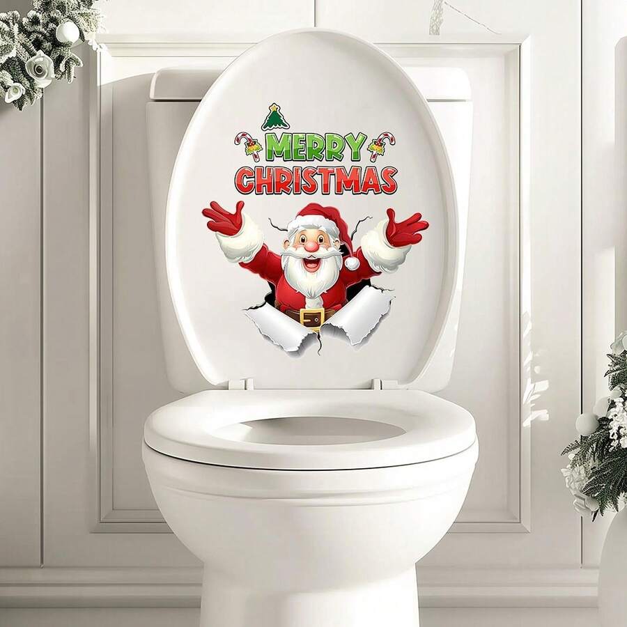 1pc Christmas Snowman & Tree Toilet Sticker, Funny Bathroom Decor, Suitable For Room, Living Room, Wall, Kitchen, Bedroom, Christmas Wall Sticker - Red and White - View 1