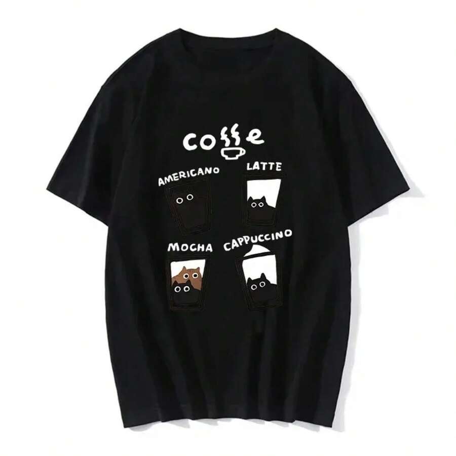 O-Neck Tshirts Summer Tops Fashion Street T-Shirts New in Fashion Cat Coffee T Shirt Fashion Summer Streetwear - Negro - Ver 1