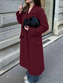 Women's Long Sleeve Solid Color Pocket Trench Coat, Double-Breasted Coat, Country Style For Women, Fall Winter For Women, Halloween Costumes, Christmas Women's , Saudi National Day, Going Out - Burgundy - View 9
