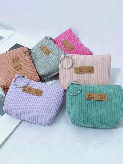 2 monederos de pana hechos a mano para niña - Estilo casual, cierre con cremallera, con llavero, disponible en morado claro, rosa, gris, melocotón y azul verdoso. Material suave, perfecto para uso diario. Carteras, bolsas pequeñas, monederos mini, monederos, adecuados como regalos para estudiantes, con un diseño elegante y creativo.