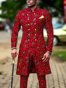 Men's Casual Long-Sleeved Two-Piece Suit, Mid-Length Top And Trousers - Red - View 1