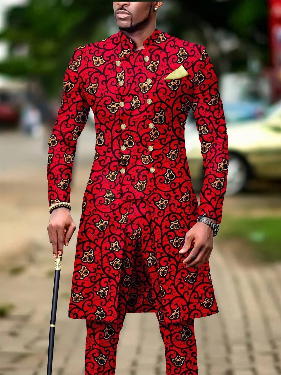 Men's Casual Long-Sleeved Two-Piece Suit, Mid-Length Top And Trousers - Red - View 1