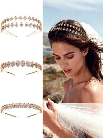 1件立方氧化锆新娘头饰，优雅婚礼配饰，金色伴娘头箍，适合婚礼、生日、舞会、派对等场合。