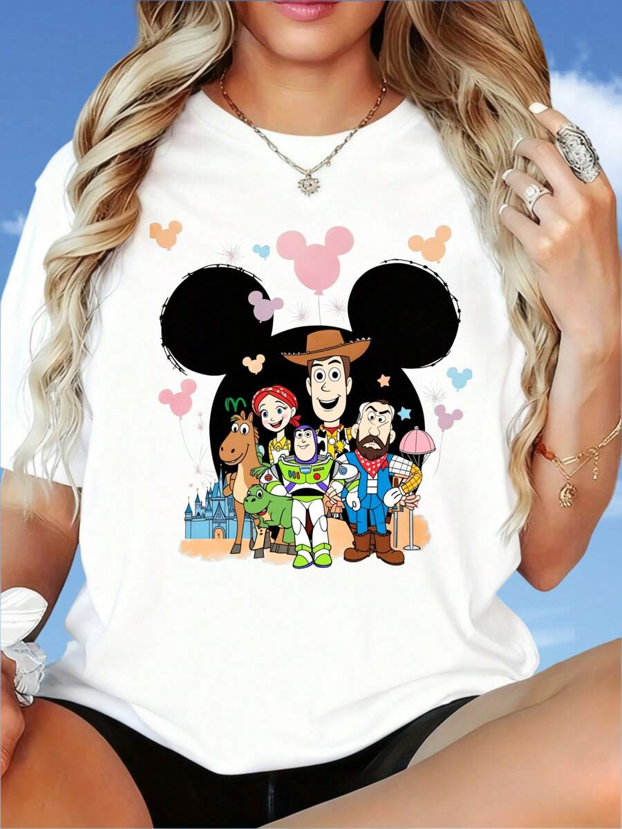 Characters  Ears Design Women's T-Shirt Casual Cotton Top Summer WearDisney Fun Print, Merry Christmas, New Year, Christmas Party Dress, Women's Round Neck T-Shirt, 220gDisney Fun Print, Merry Christmas, New Year, Christmas Party Dress, Women's Round Neck T-Shirt, 220g - 黑色 - 查看 1