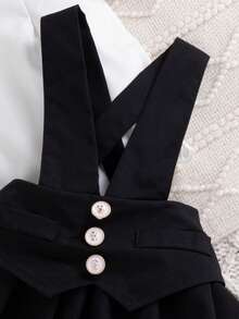 秋冬季女婴宫廷风白色玫瑰纽扣衬衫+红色吊带裙+贝雷帽套装 - 粉色 - 查看 7