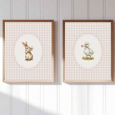 1/2 piezas Cuadros de arte de pared de vivero vintage con conejo y ganso, impresiones de animales florales en lienzo, póster de vivero rosa, decoración de estilo cottage para niña para sala de estar, dormitorio o decoración de dormitorio, regalo para ella sin marco