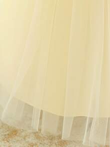 Baby Girls Hooded Sleeve Contrast Lace Mesh Bow Back Cute Birthday Party Dress, Suitable For Flower Girl, Wedding, No Headband Included - Champagne - View 8