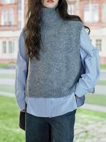 Women's French Niche Solid Color Pullover Sweater Vest, Suitable For Autumn/Winter - Grey - View 3