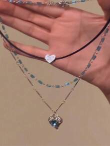 2件套红色水晶情侣项链，女士性感双层颈链锁骨项链首饰礼品 - 皮革+雙層紅色 - 查看 4