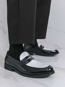 British Style Black & White Patchwork Business Formal Slip-On Shoes, Hairstylist Loafers, Men's Shiny Leather Elevator Shoes, Tasseled Moccasins, - 黑與白 - 查看 3