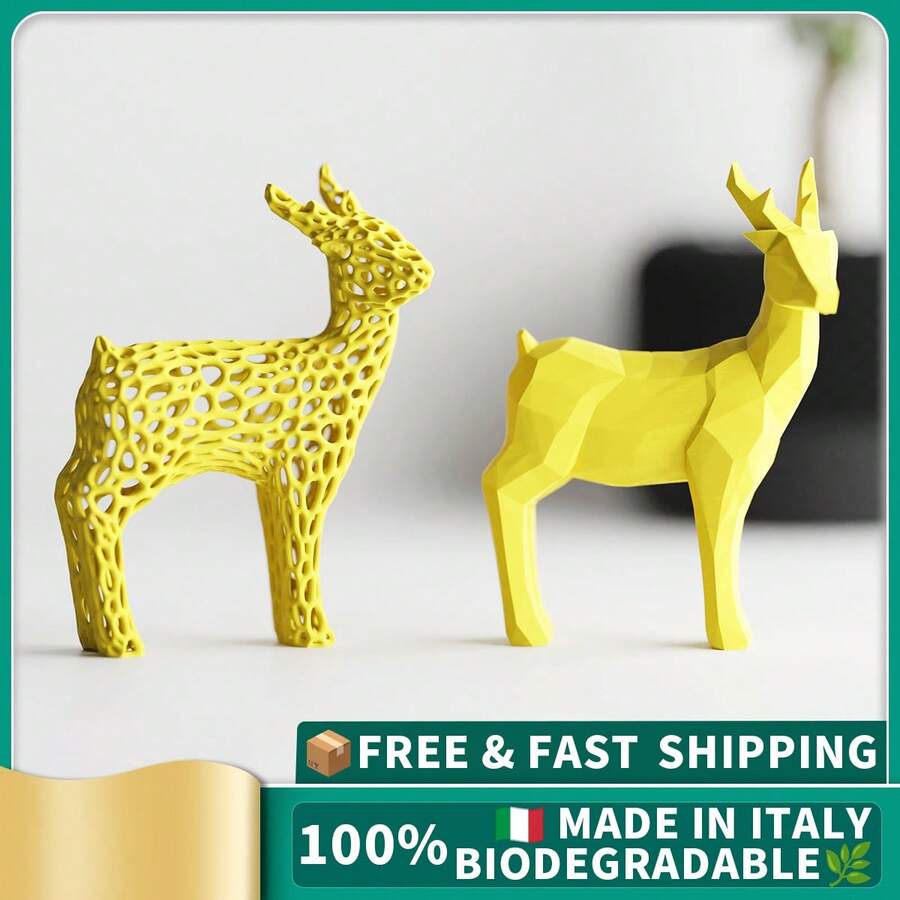 ORIZZONTE Set Of 2 Christmas Reindeer Sculptures – Geometric Design And Organic Perforated Structure – Modern Decorations For Christmas, Home Or Office – Unique Gift Idea – 100% Made In Italy, Shipping From Italy - 黃色 - 查看 1