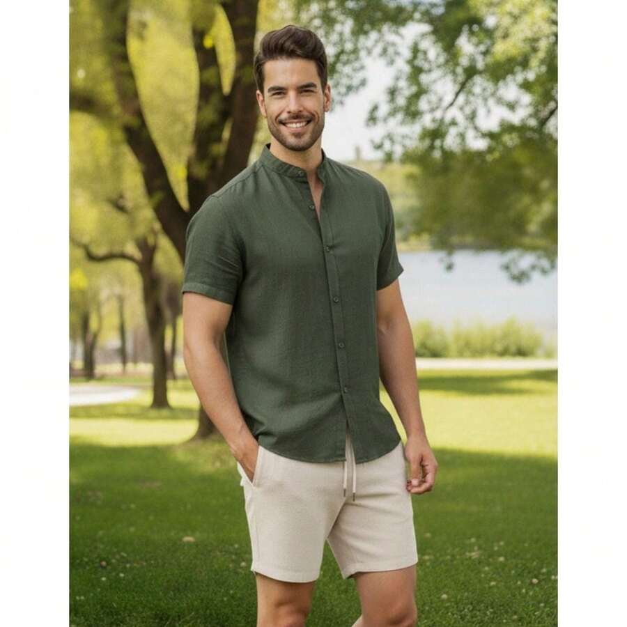 Shirt With Mandarin Collar And Linen-Look Shorts Set For The End Of The Year - Green and Beige - View 1