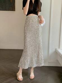 女士休闲优雅亮片拼接鱼尾裙，适合晚宴、约会、度假、日常穿着、办公等场合，春夏款 - 杏色 - 查看 4
