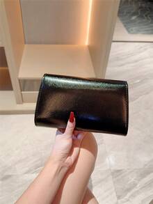 1件歐美時尚金屬裝飾迷你手拿包，高端亮面金屬條紋女款手提包，優雅奢華晚宴包，適用派對/浪漫婚禮/舞會/雞尾酒會/校園舞會，PU皮革配金屬鏈條 - 黑色 - 查看 6