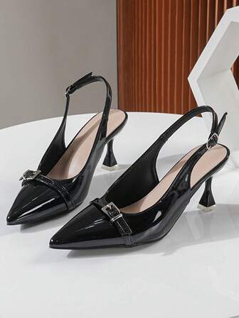 2026 New Fashion Sexy Versatile Pointed Toe Metallic Heel Buckle Strap Dress Shoes, Suitable For Outdoor Wear All Seasons,Kitten Heels