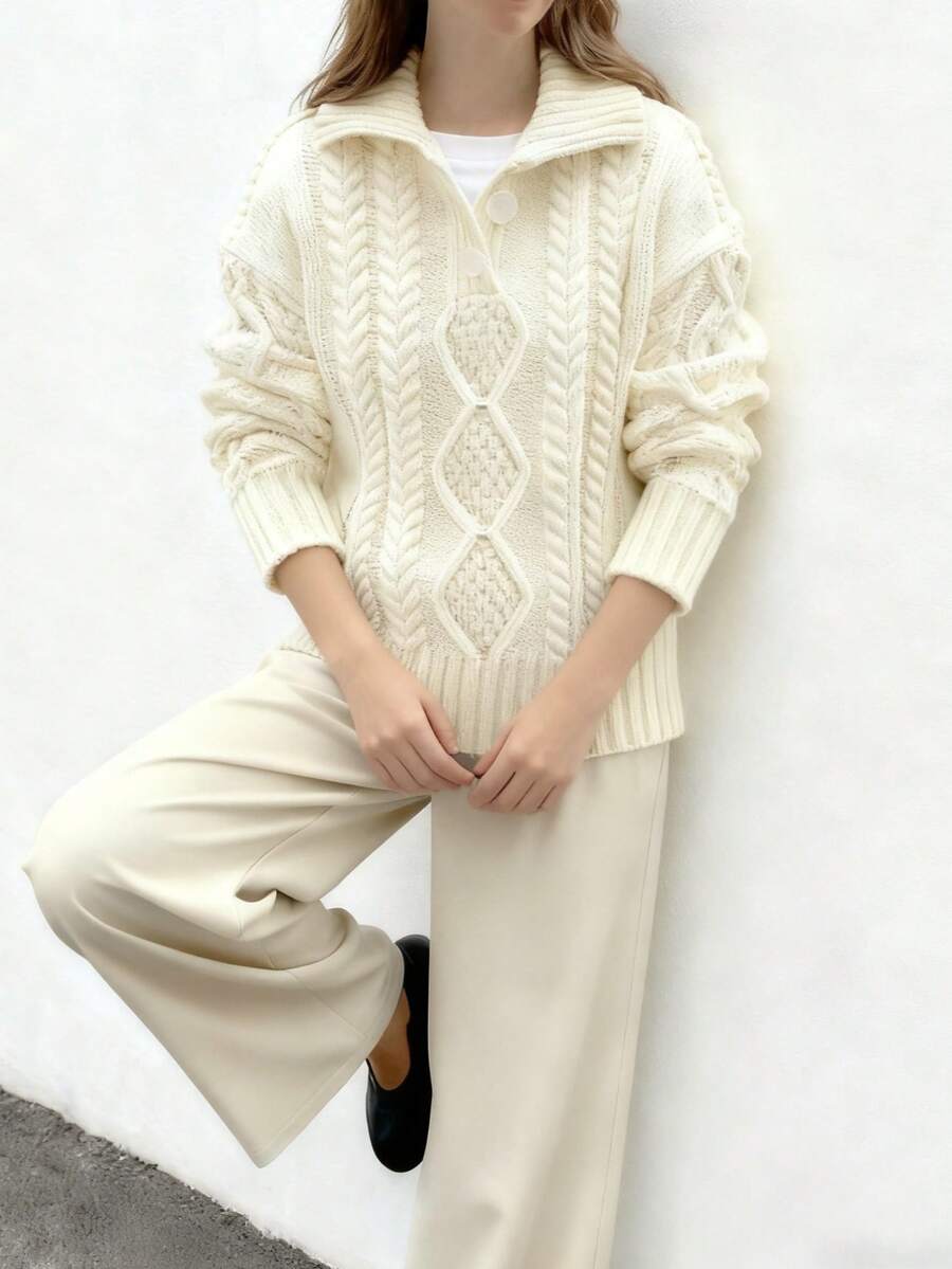 Plus Size Women Elegant High Neck Solid White Diamond Textured Knit Sweater, Casual For Holiday Party, Home, Office, Autumn/Winter - Beige - View 1