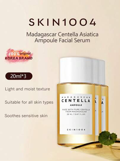 SKIN1004 3支装马达加斯加积雪草精华安瓶。质地轻盈温和，不刺激肌肤。舒缓敏感肌肤，强化肌肤屏障。促进肌肤更新。平衡水油。改善肤质。适合所有肤质，包括敏感肌肤。韩国美妆，20毫升/0.67液盎司*3