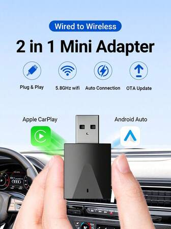 XUDA 2025 NY Mini Trådbunden Till Trådlös 2-i-1-Adapter Trådlös CarPlay & Android Auto Plug and Play För 99 % Originalbil Med Trådbunden CarPlay/Android Auto 2.4~5.0 GHz WiFi5