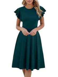 Women's Semi-Formal Ruffle Sleeve V-Back Work Fit And Flare Cocktail Knee Length Dress With Pockets, 2025 Style - Teal - 查看 11
