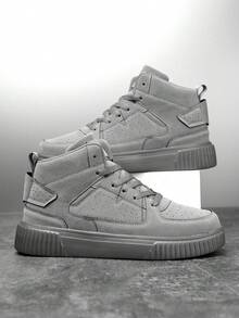 2025 New Men's Gray Suede High-Top Sneakers, Lace-Up Thick-Sole Height-Increasing Casual Shoes, Versatile Daily Commute Board Shoes, Outdoor Preppy-Style Walking Shoes - 灰色 - 查看 2