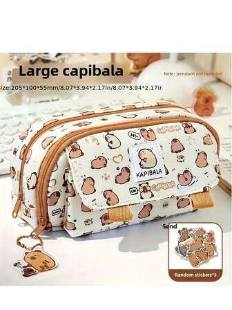 6件套学生多功能文具收纳铅笔盒，河马图案 - 完美的返校礼物 | 可爱的多层铅笔盒，附赠河马贴纸套装