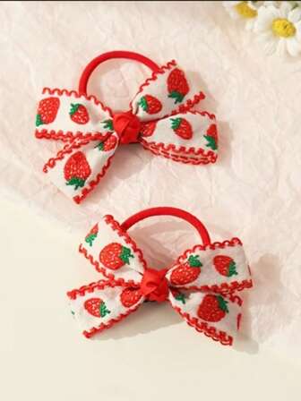 2个简约百搭双马尾发圈，蝴蝶结草莓发箍发饰，手工制作