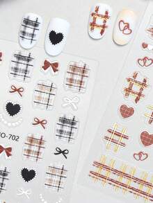 3D French Plaid Nail Stickers, Y2K Checkered Bow Heart Sweet & Kawaii Nail Decals,Brown Beige Textured Checkered Nail Art Decoration,DIY Nail Salon Sticker - Multicolor - View 10