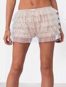 Women Mesh Tiered Ruffle Shorts Fashionable Dot Print Mid Waist Mini Shorts for Beach Daily Wear - Rosa - Ver 5