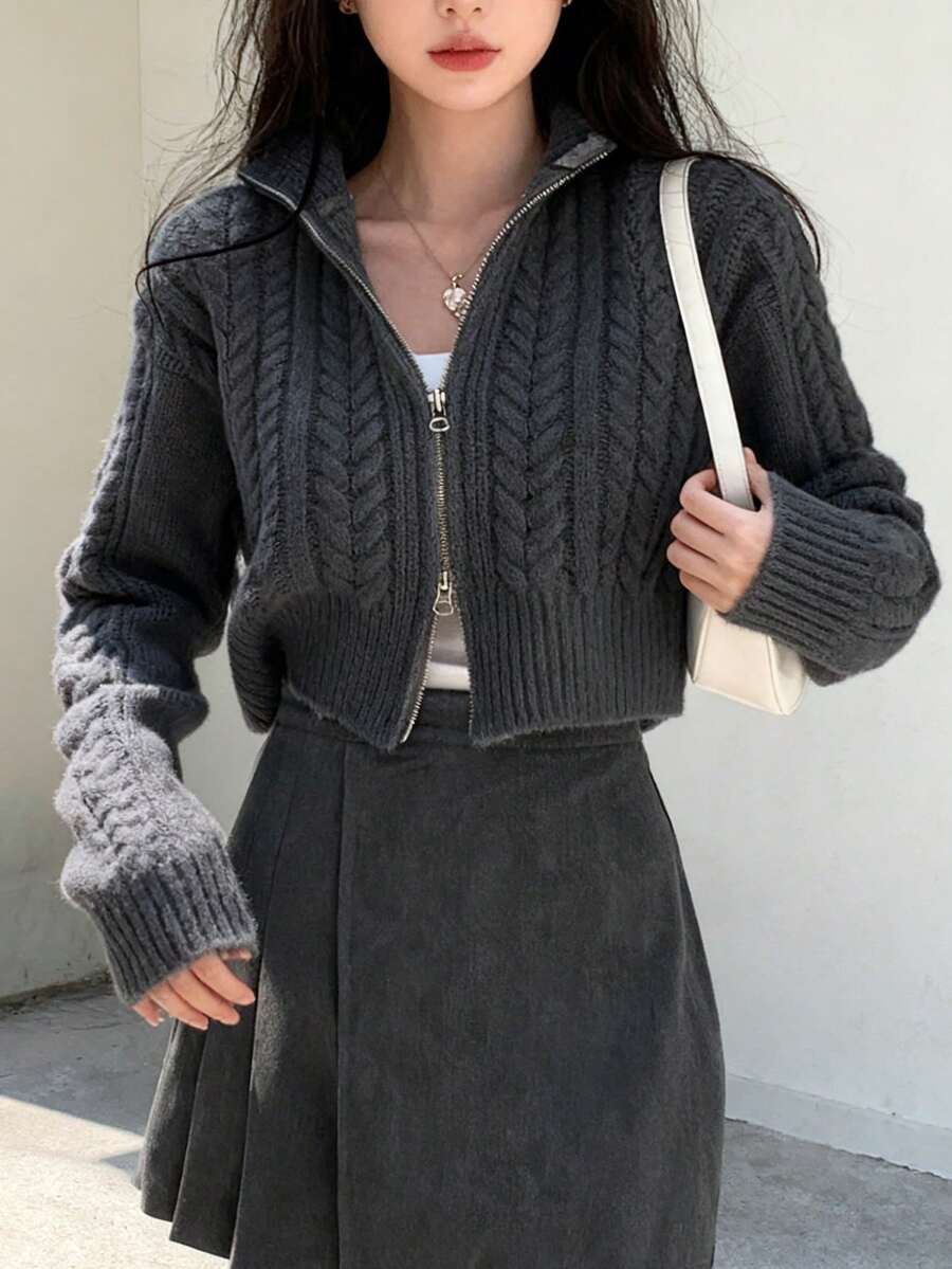 纯色麻花针织短款拉链开衫,双拉链休闲款 - 深灰色 - 查看 1
