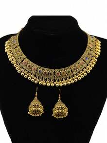 1 Set: 1 Halskette + 1 Paar Ohrringe, bohemian Vintage Stil, Legierung Material, mehrfarbig, bunte Strass Halskette, Cut Out Vogelkäfig Tropfen Quaste Ohrringe, perfekt für Feiertage, Partys, Reisen, geeignet für Frauen