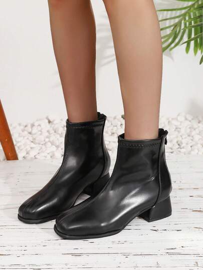 2024 Autumn/Winter New Square Toe Short Boots, Women's Flat Heel  Boots With Back Zipper, Versatile Spring/Autumn Short Boots