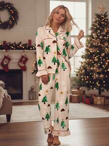 Women's Christmas Pajama Set Long Sleeve Lapel Mushroom Christmas Tree Print Shirt Pants Sleepwear - Rosa - Ver 2