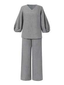 IGKEEL Plus Size Women's 2-Piece Set, Elegant Solid Color V-Neck Lantern Sleeve Top + Wide Leg Pants, Spring/Summer - Light Grey - View 7