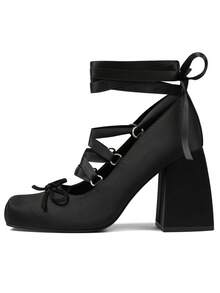Ballet Mary Janes High Heels For Women Square Toe Satin Lace Up Ballerina Stiletto Heels With Bow Elegant Wedding Party Pump Heels For Women  - a黑色 - 查看 2