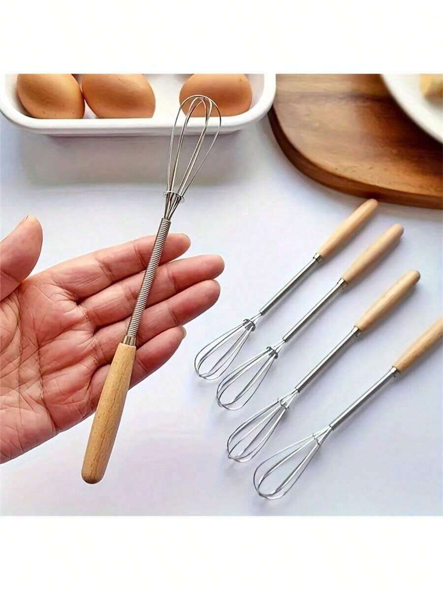 3pcs Wooden Handle Egg Beaters, Mini Stainless Steel Kitchen Milk Frother, Whisk For Mixing, Blending, Stirring - Multicolor - View 1