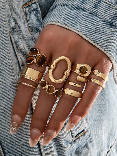 7pcs/Set Vintage Chunky Tiger Eye Stone Rings Set, Minimalist Design, Extra Large Wrap-Around Finger Rings, Suitable For Daily Wear