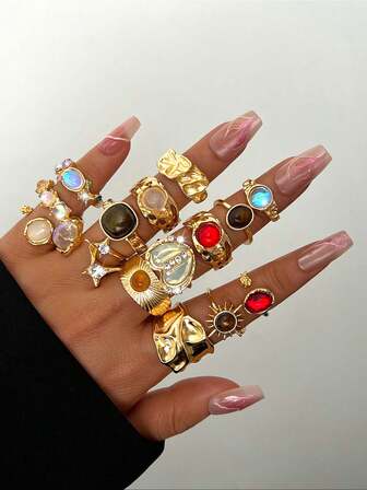 15件套时尚优雅可爱Y2K风格仿猫眼虎眼石镶嵌心形彩色仿宝石戒指套装，适合女性，适合度假、约会、派对、舞会、生日、节日、日常搭配（无包装盒）