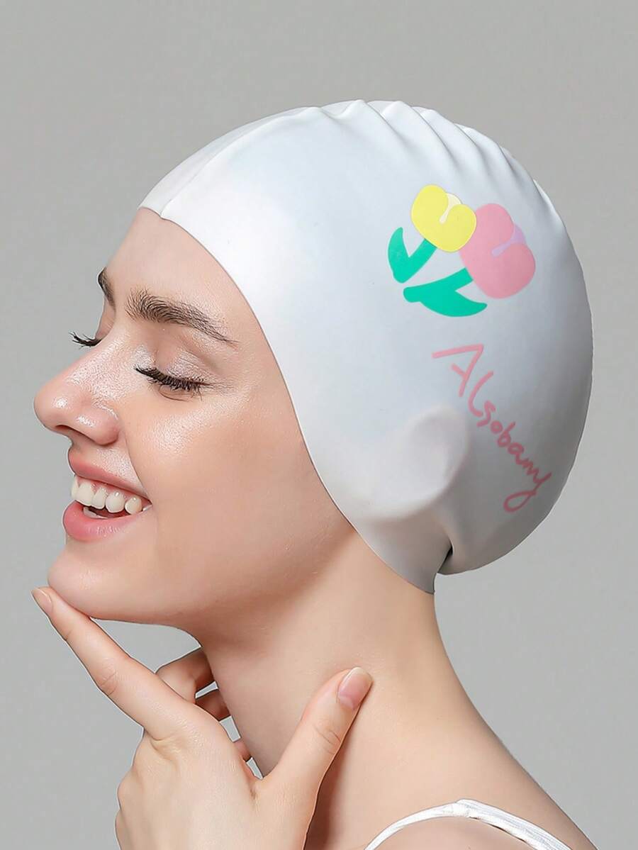 Ladies Oversized Floral Print Silicone Swim Cap Waterproof Full Hair Cover Swimming Accessory - White Tulips - View 1