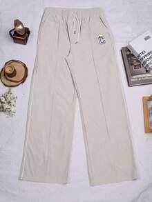 街头风灰色抽绳高腰字母印花灯芯绒直筒口袋裤，休闲舒适秋季女装 - 淺灰色 - 查看 8