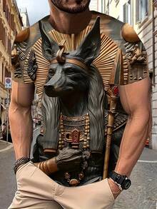 Polyester Blend Egyptian Fox God 3D Printed Men's T-Shirt - Casual Style, Round Neckline, Regular Fit, Animal Pattern - Mixed Colors - View 1