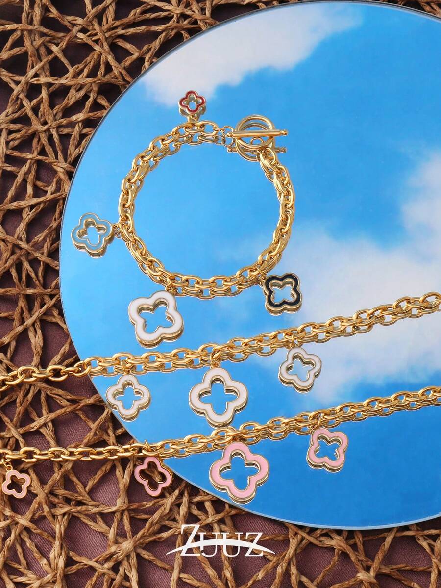 1pc Stainless Steel Lucky Four-Leaf Clover Bracelet, Women Enamel Floral Pendant Chain Bracelet, Party Jewelry Gift - Bracelet - View 1