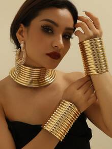 New Exaggerated Multi-Layer Handmade Beaded Vintage Chic Bohemian, European, African, Korean, Middle Eastern Style Party, Holiday, Beach Elastic PVC Leather Choker Necklace - Yellow Gold - View 13